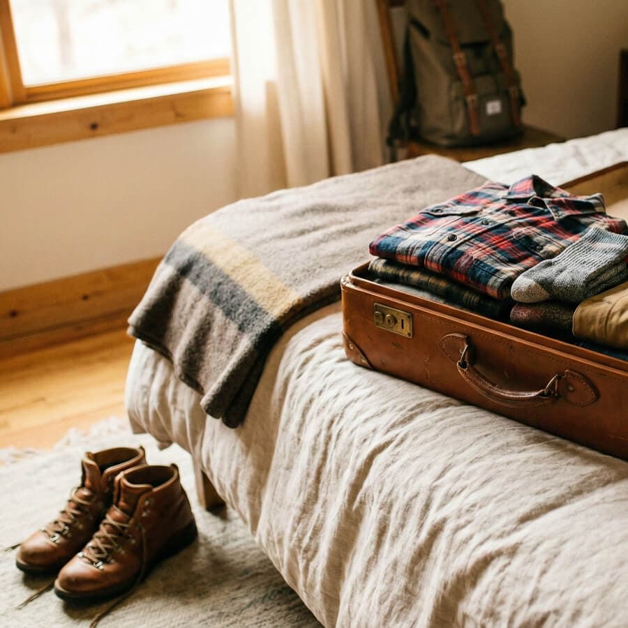 A cozy bedroom scene features a neatly packed suitcase, a warm blanket, and a pair of brown boots on the bed.
