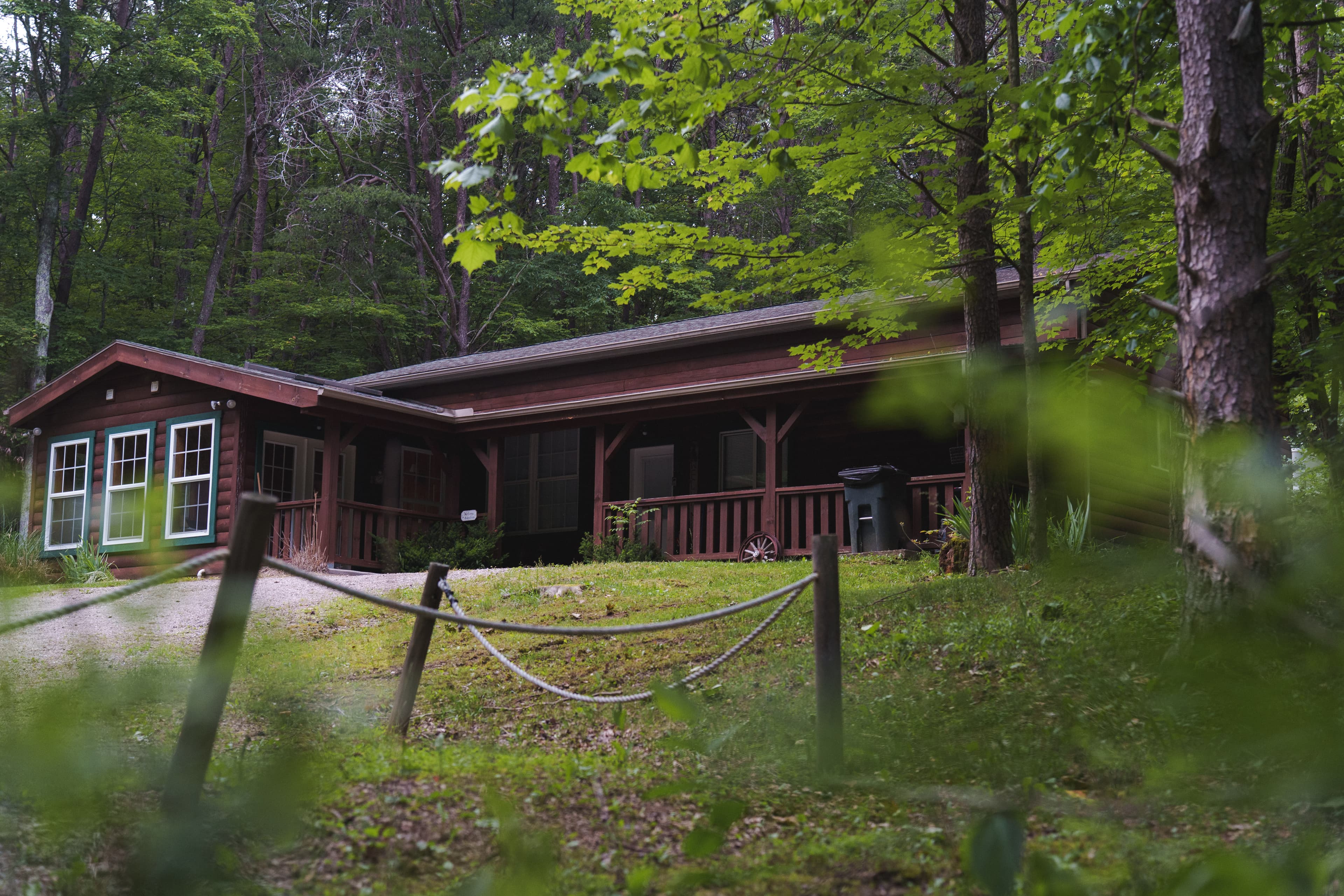 Brown wooden cabin with teal window trim and a covered porch, viewed through a frame of green forest leaves with a rope fence in the foreground.