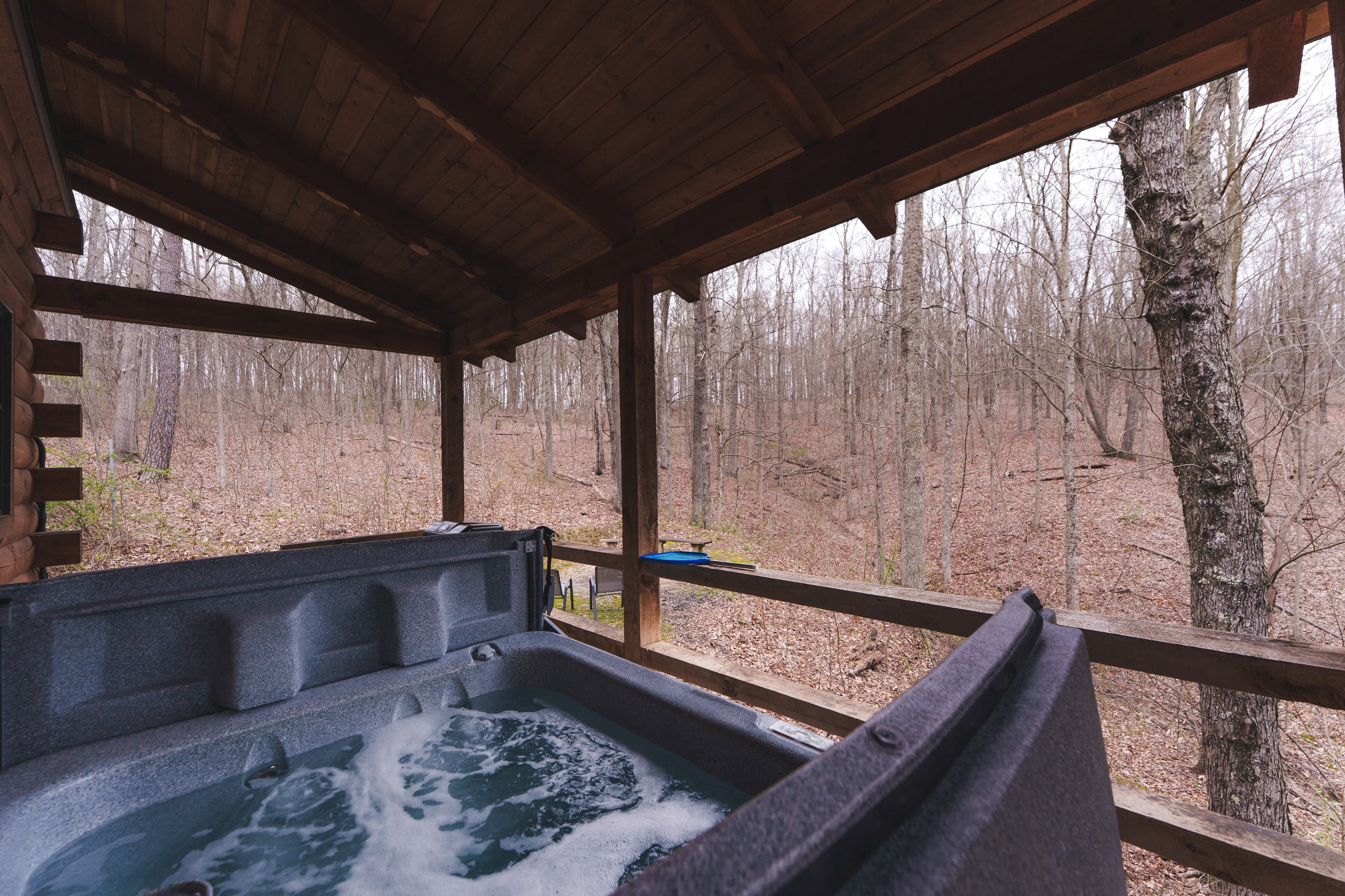 A hot tub sits on a wooden deck overlooking a forested area during early spring.