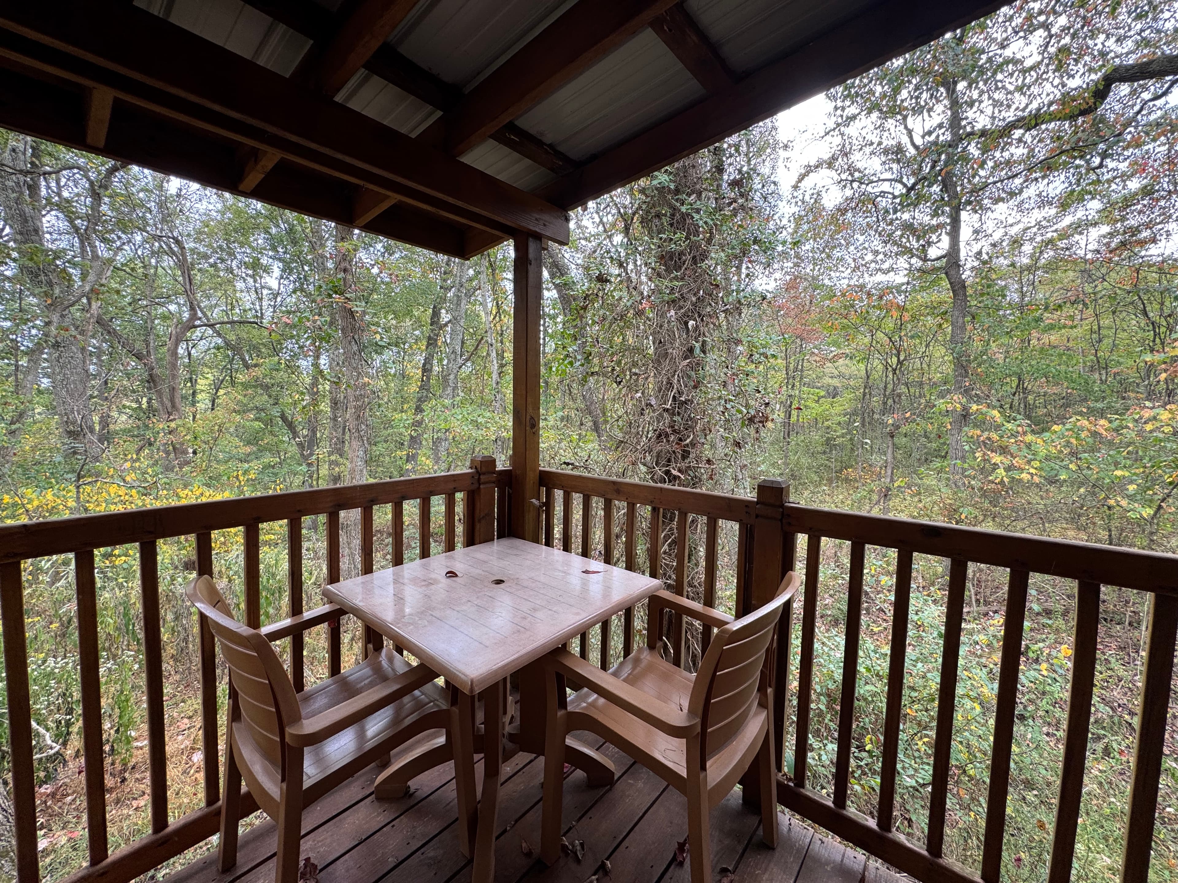 A wooden balcony features a table and two chairs overlooking a tranquil forest.