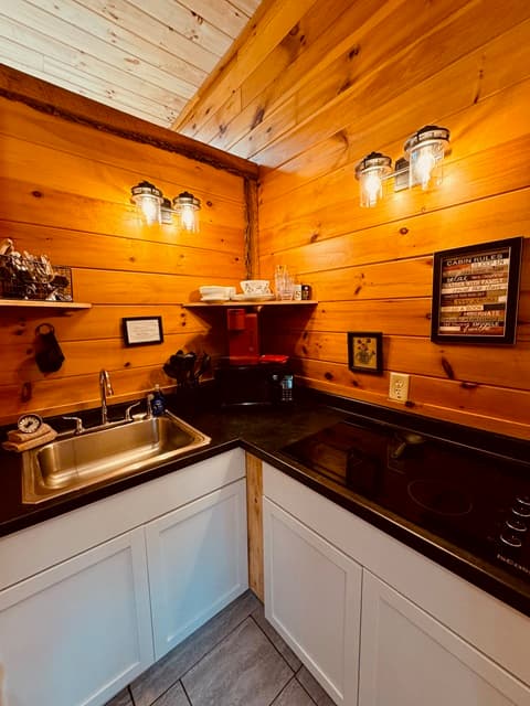 Cozy kitchen corner with wooden walls, a sink, stove, and decorative lighting.