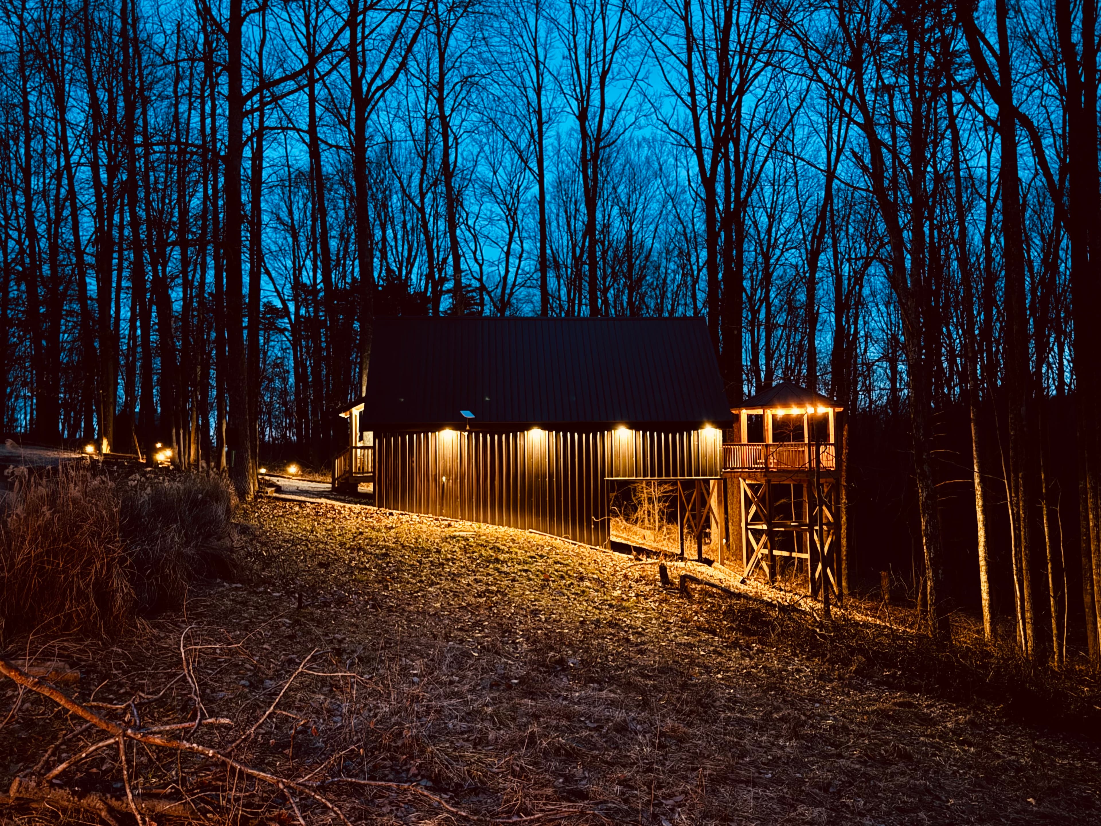 A dimly lit cabin nestled among bare trees at dusk.