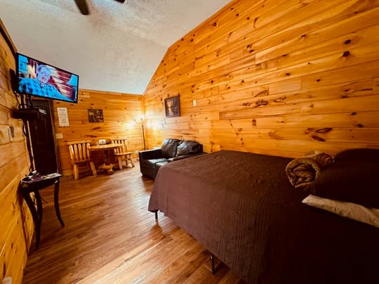 Cozy wooden-paneled room featuring a bed, sofa, dining table, and wall-mounted TV.
