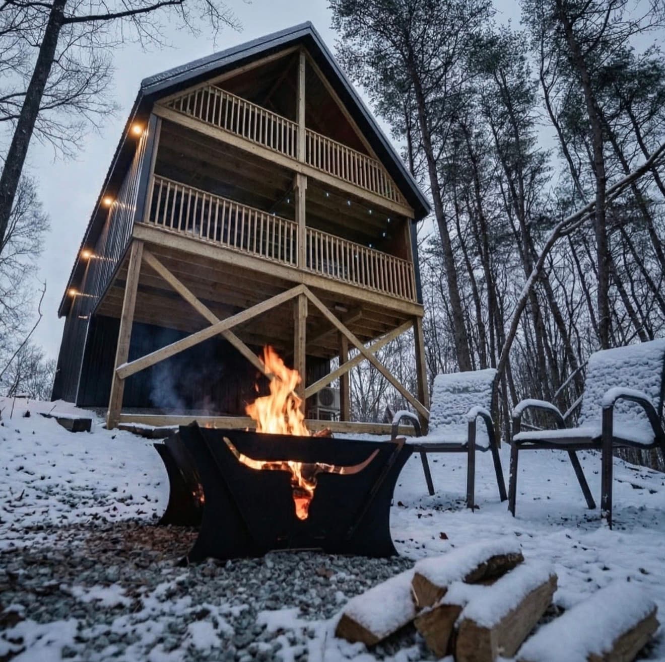 A cozy cabin with balconies stands in a snowy forest, surrounded by a fire pit and chairs.