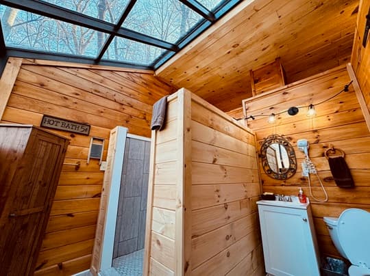 Wood-paneled bathroom with a skylight, a shower area, and rustic furnishings.