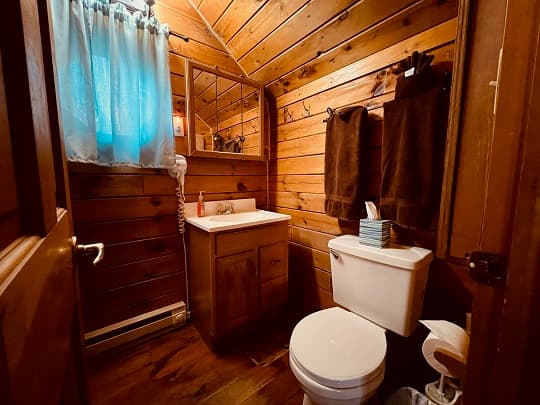 A cozy bathroom featuring wooden walls, a sink, toilet, and a window with blue curtains.