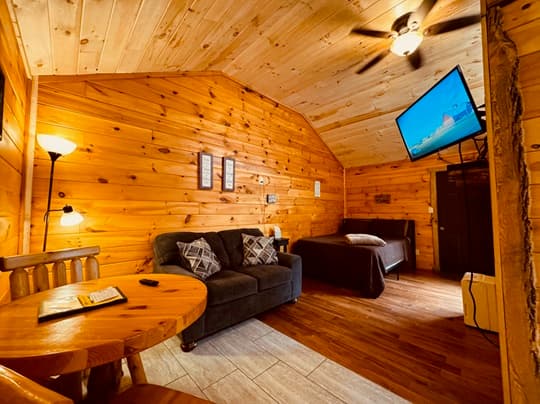 Cozy wooden cabin interior featuring a seating area, a small table, and a wall-mounted TV.