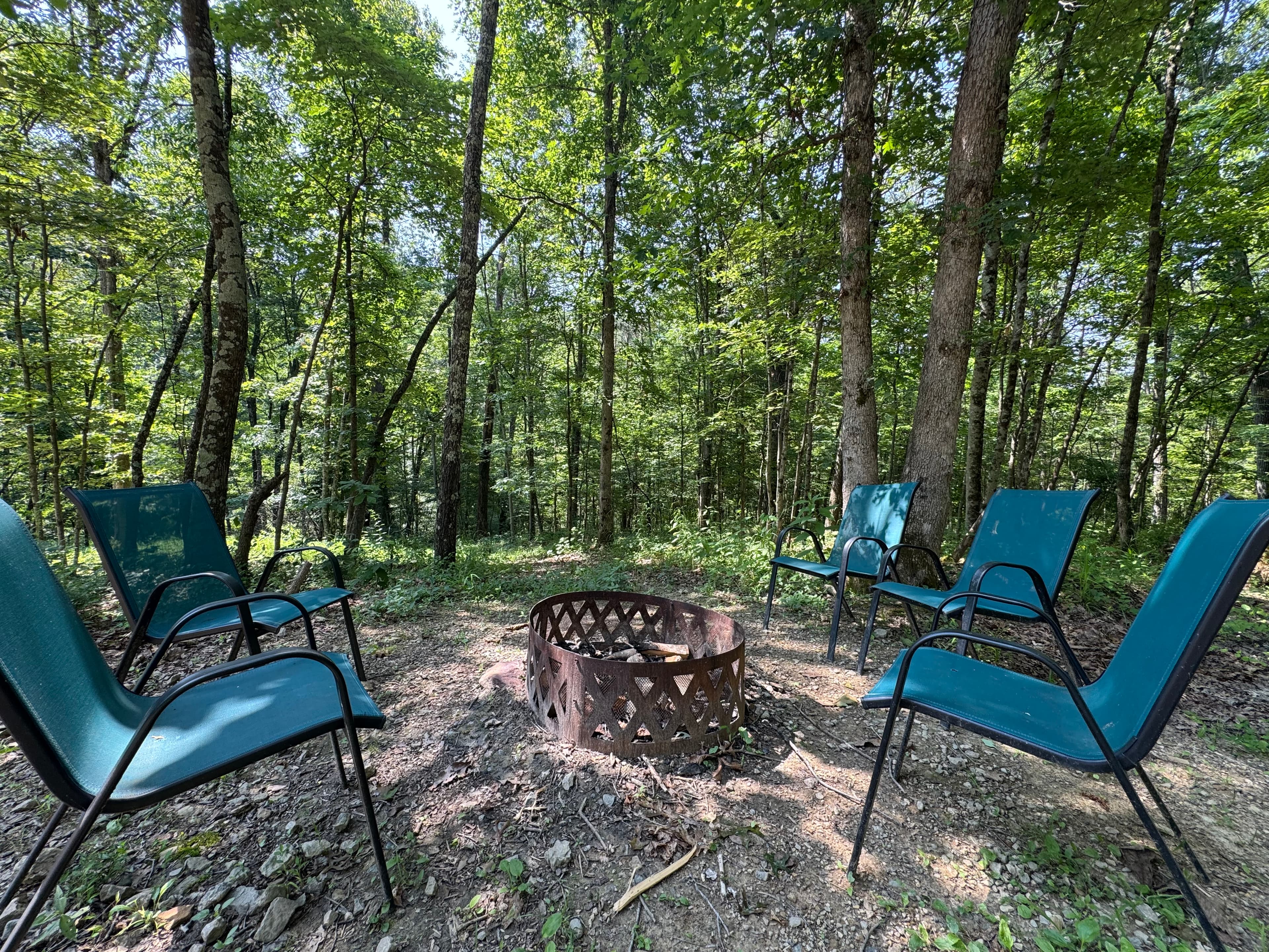 A fire pit surrounded by blue chairs in a green forest setting.