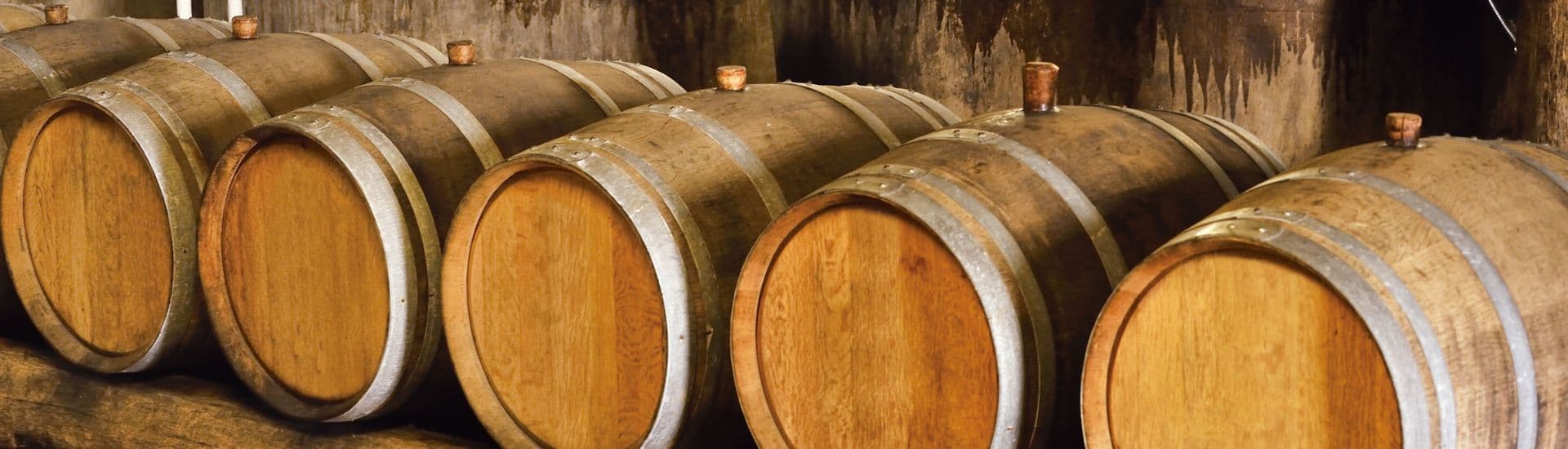 A row of wooden barrels in a rustic setting.