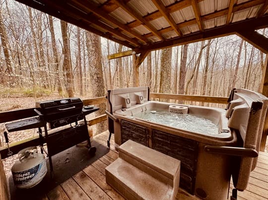 A hot tub and grill are set on a wooden deck surrounded by bare trees.