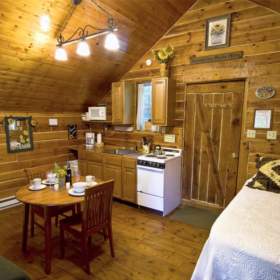 Cozy wooden cabin interior featuring a kitchen, dining table, and rustic decor.