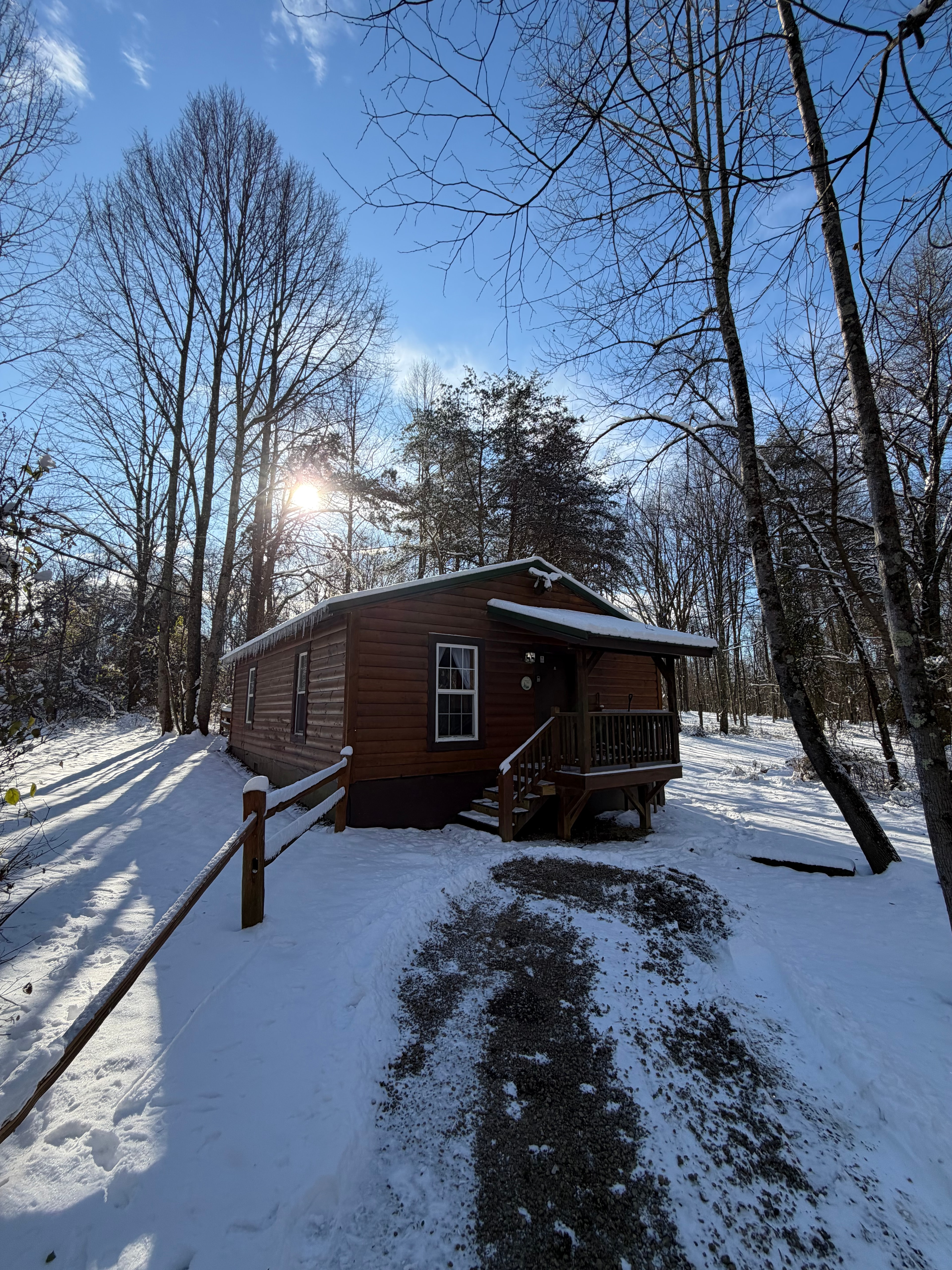 A small wooden cabin surrounded by trees and snow under a clear blue sky.