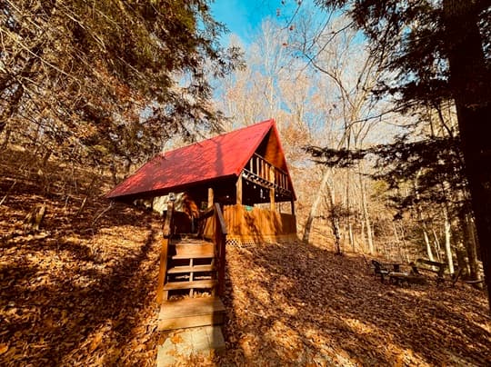 A small A-frame cabin with a red roof surrounded by autumn foliage and trees.