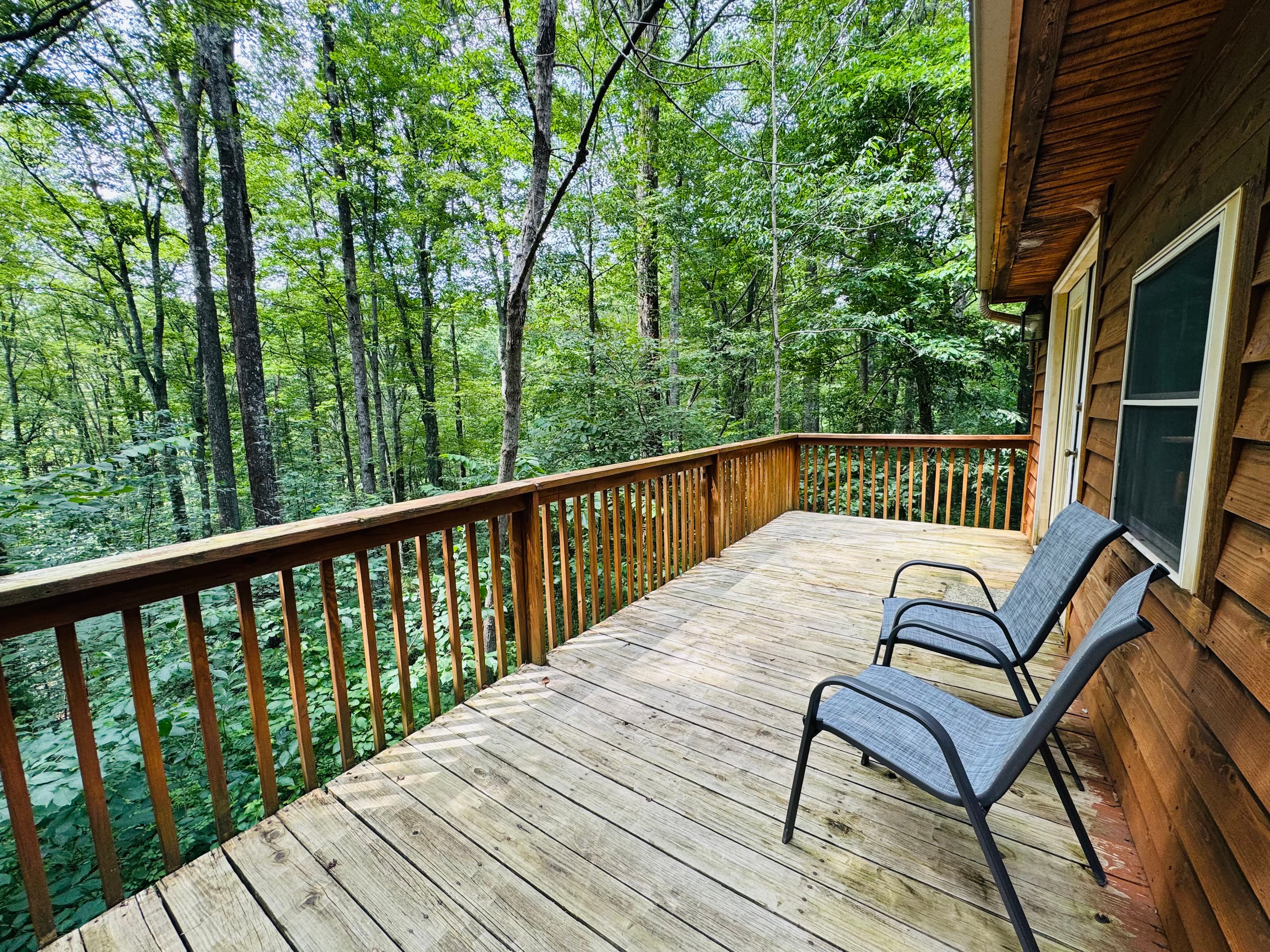 A wooden deck with two chairs overlooks a lush green forest.