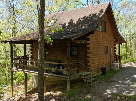 A rustic log cabin surrounded by greenery.