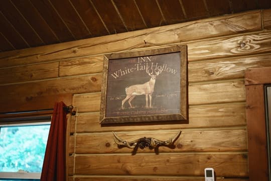 A framed wooden sign reading "Inn White-Tail Hollow" hangs on a log cabin wall, with antlers displayed below.