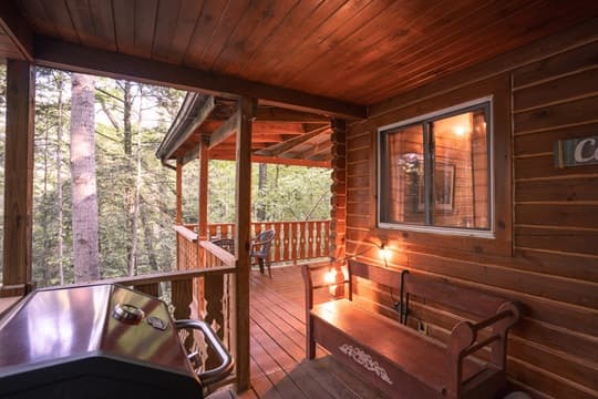A sunny wooden porch with a grill, seating, and views of surrounding trees.