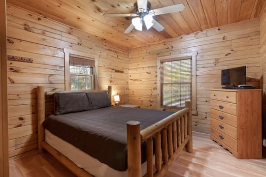 Cozy wooden bedroom featuring a log bed, nightstand, and TV.