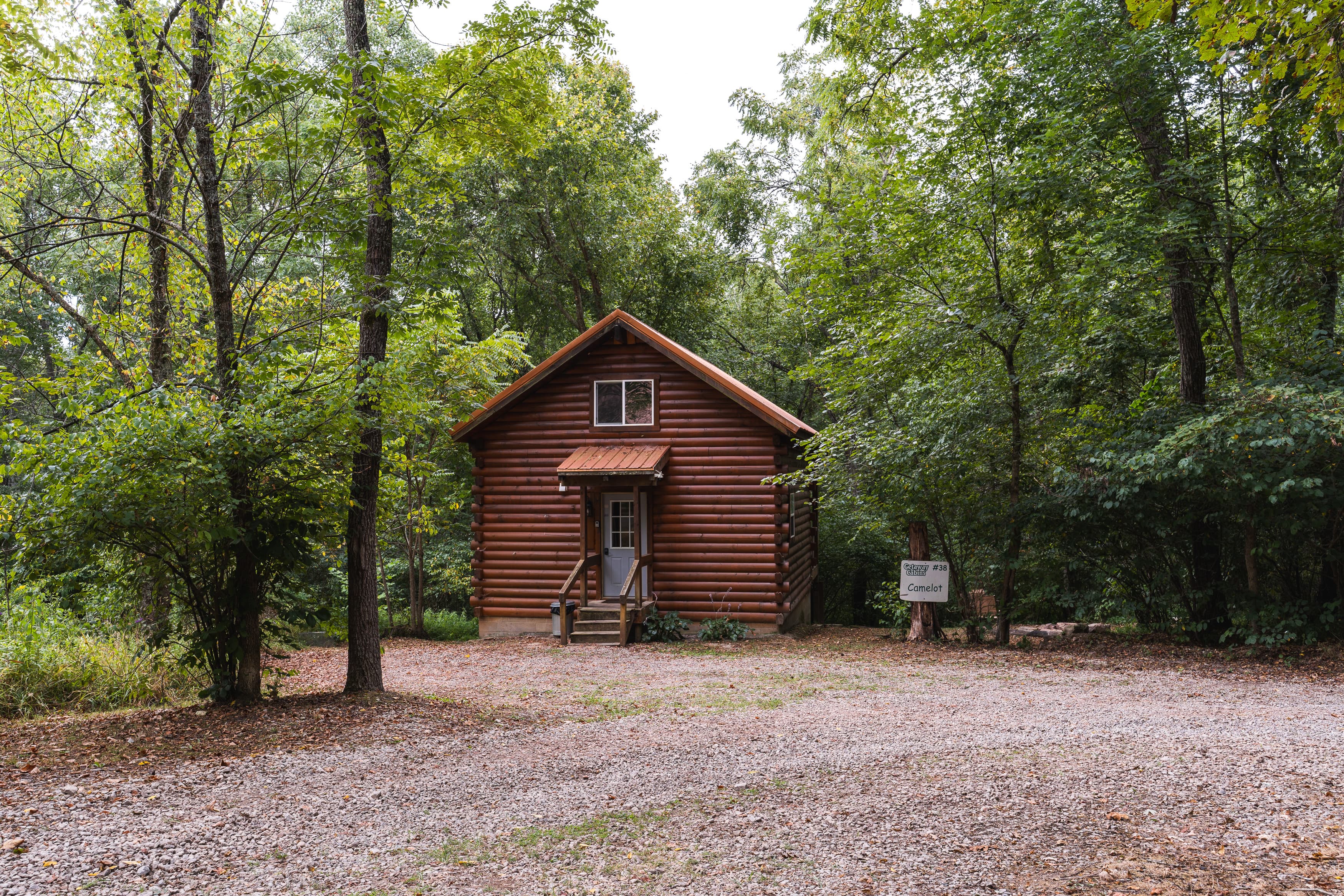 A rustic log cabin surrounded by greenery.