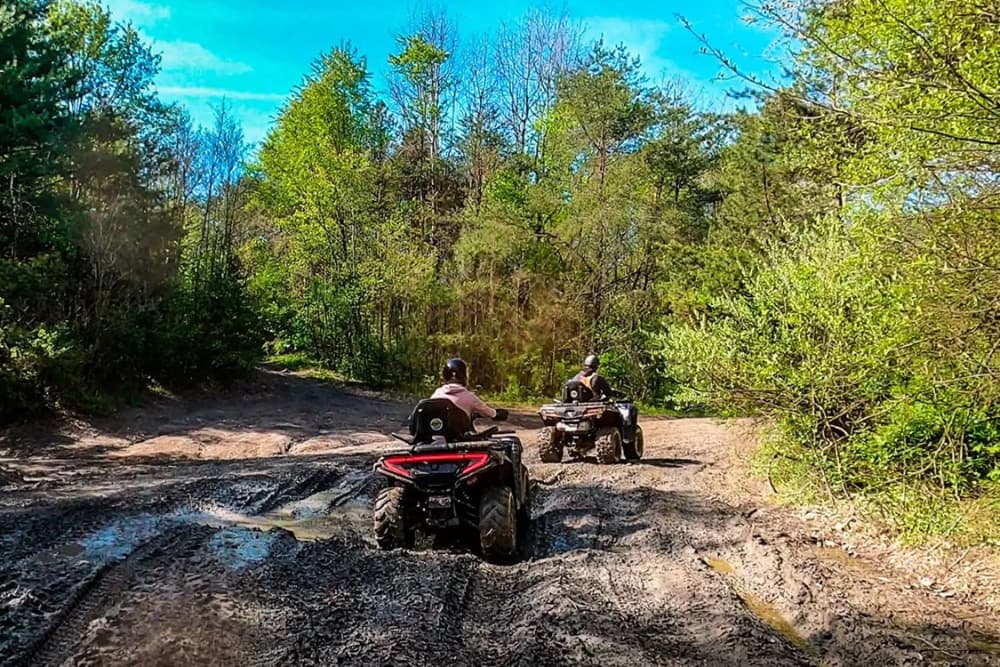 Two riders on all-terrain vehicles navigate a muddy trail surrounded by greenery.