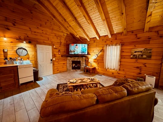 A cozy wooden cabin interior featuring a sofa, TV, and kitchenette under a vaulted ceiling.