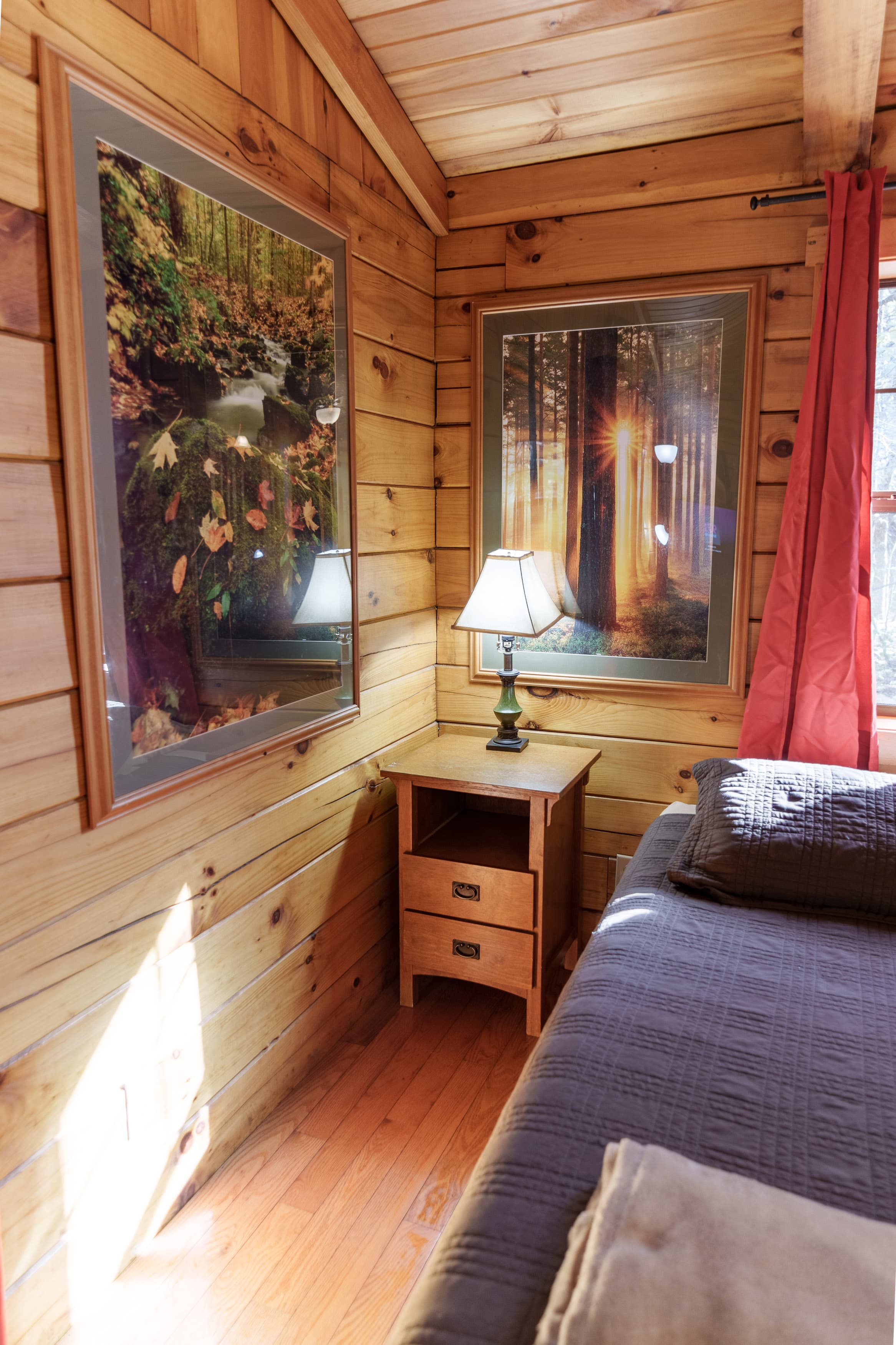 A cozy wooden bedroom featuring nature-themed wall art, a bedside lamp, and a neatly made bed.