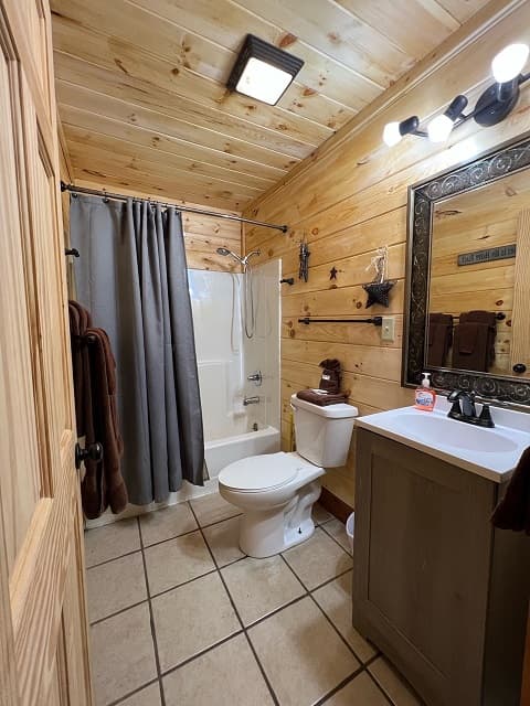 A cozy, wooden bathroom featuring a shower, toilet, sink, and decorative accents.