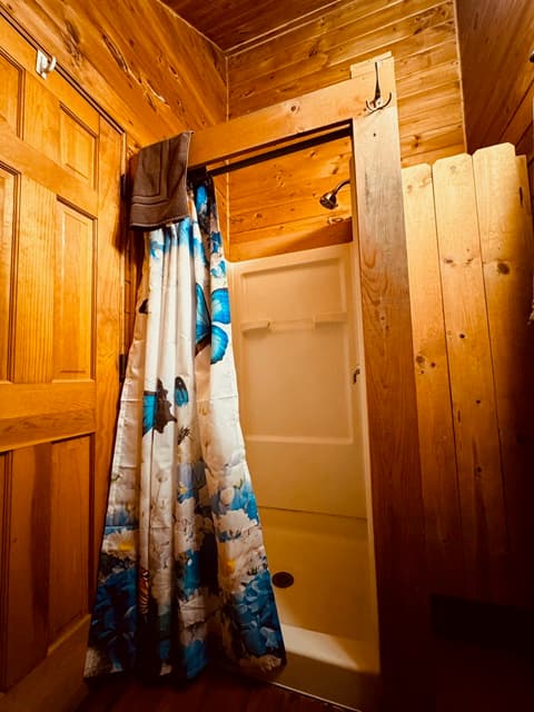 A colorful shower curtain hangs in a wooden bathroom enclosure.