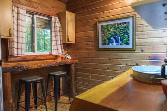 A rustic kitchen features wooden walls, a bar with two black stools, and a window with a nature-themed framed picture.