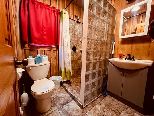 A small bathroom featuring a glass shower, toilet, sink, and wood-paneled walls.