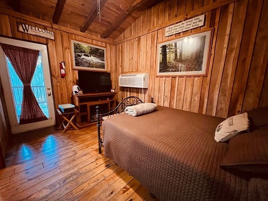 Cozy cabin interior featuring a bed, wooden walls, and a view of the outdoors.
