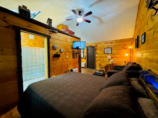 Cozy wooden cabin interior with a bed, TV, and seating area.