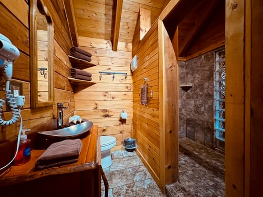 A rustic wooden bathroom featuring a sink, toilet, and glass-enclosed shower.