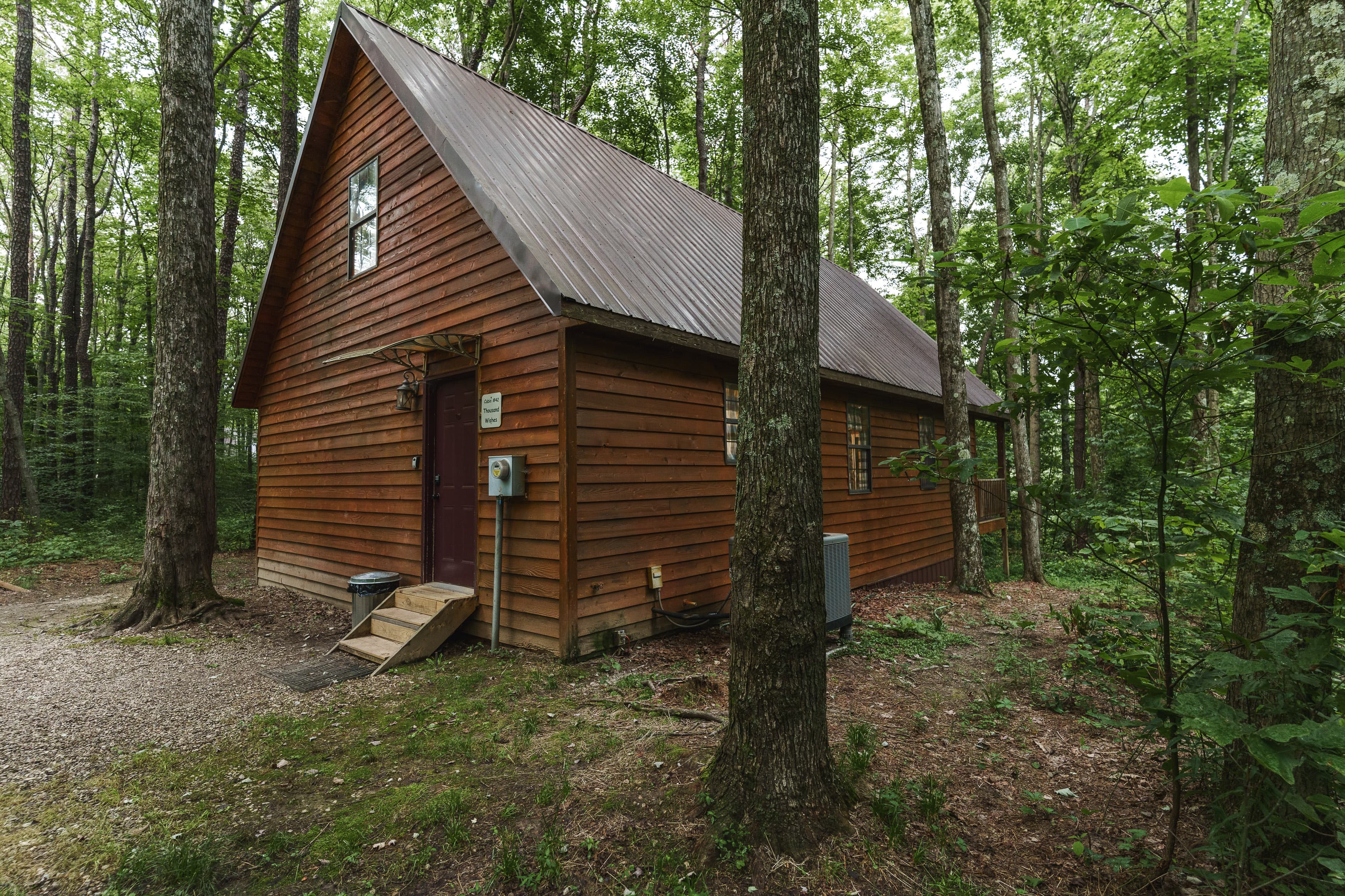 A wooden cabin nestled in a lush forest.