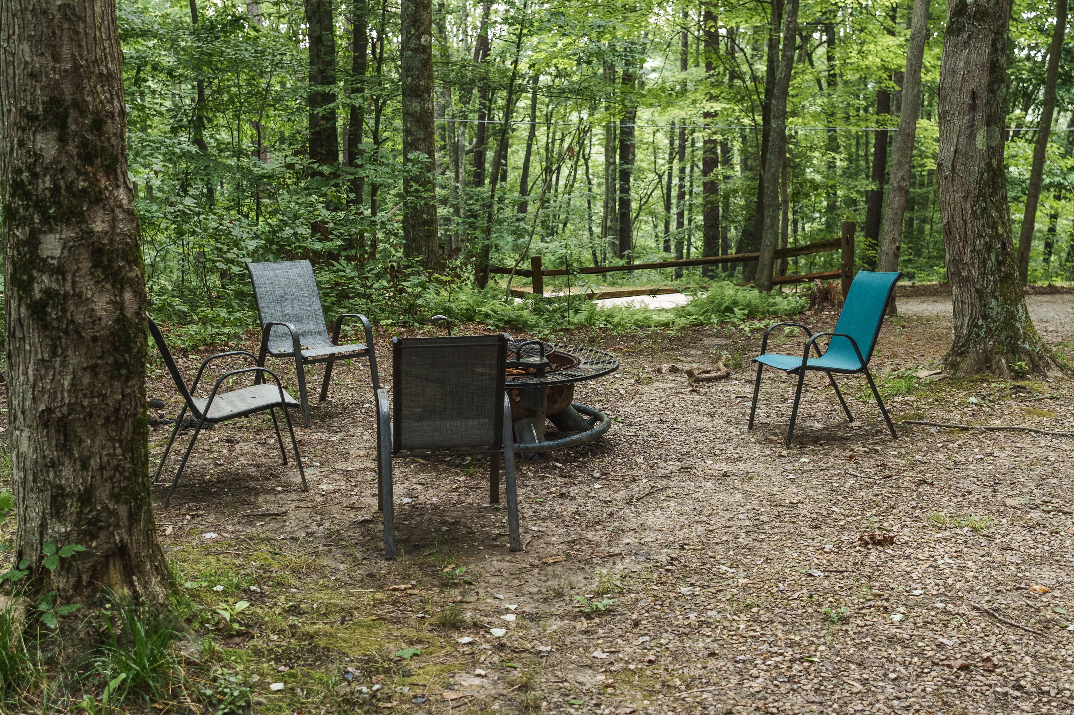 A small clearing in the woods features four chairs arranged around a fire pit.