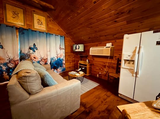Cozy wooden interior featuring a sofa, television, refrigerator, and decorative curtains.